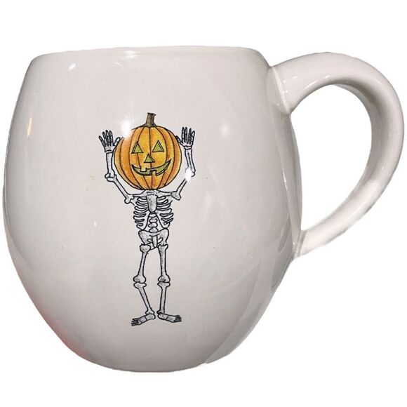 RAE DUNN Halloween Mugs Set of 2 Candy Corn Broom Witch Skeleton Pumpkin Head - Picture 2 of 9